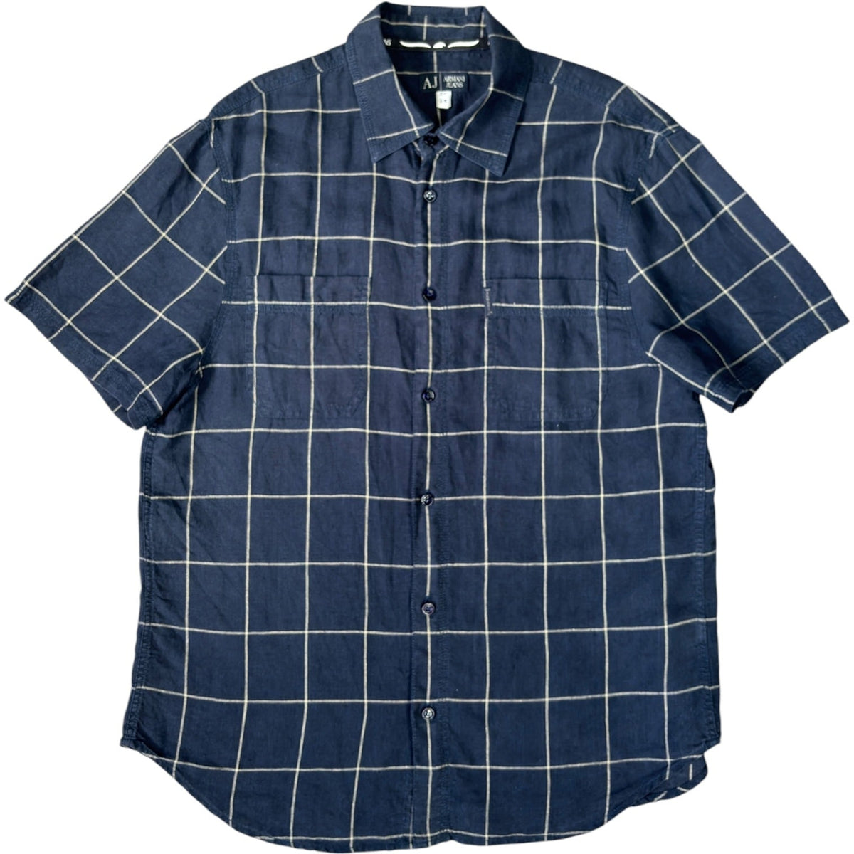 Armani Jeans 00’s Plaid Linen Short Sleeve Shirt M | Medium, Navy