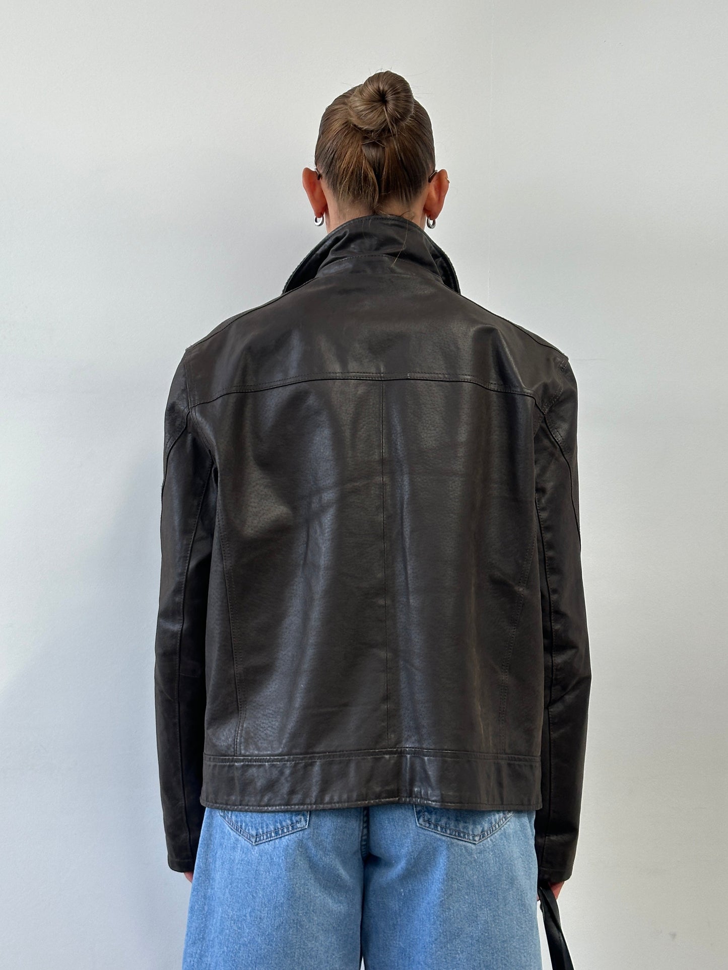 Vintage High Neck Leather Jacket - XL