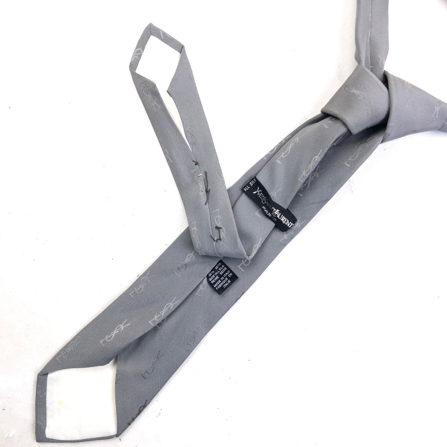 Vintage 90s YSL Yves Saint Laurent Monogram Silk Tie | O/S, Grey