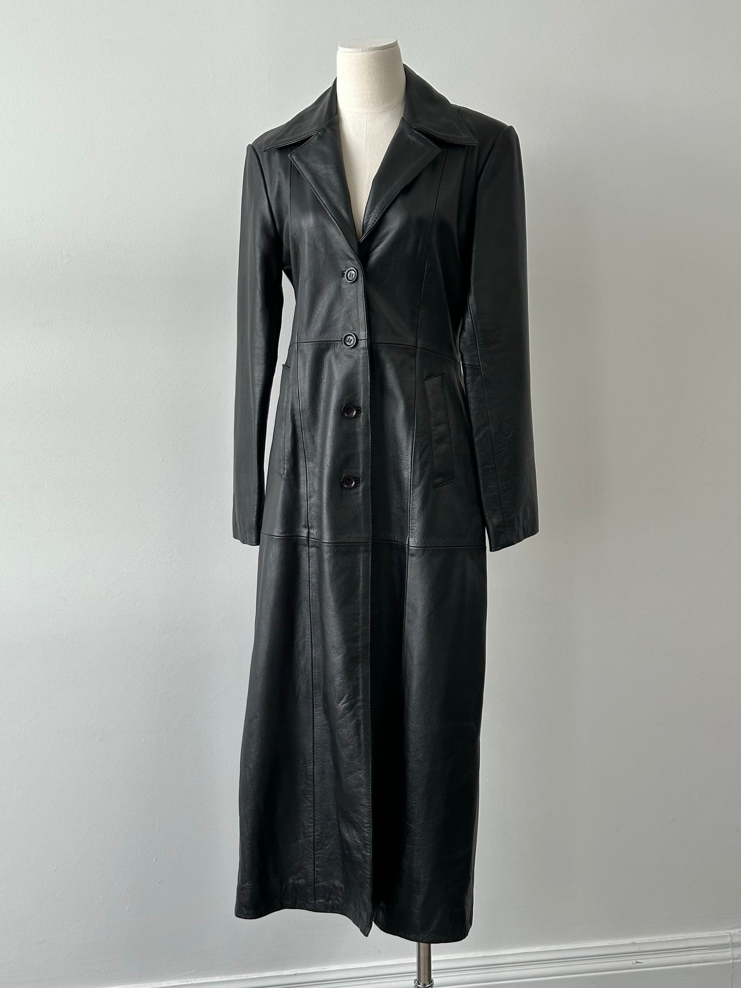Vintage 1990s Floor Length Leather Trench Coat - S-M