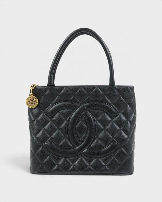 2000/2002 Chanel Matelasse Caviar Leather Medallion Tote Bag Black GHW | O/S, Black