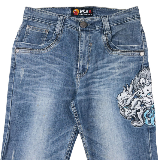 Vintage 2000s Jizo Bosatsu Embroidered Masked Troll Japanese Denim Jeans Size W29