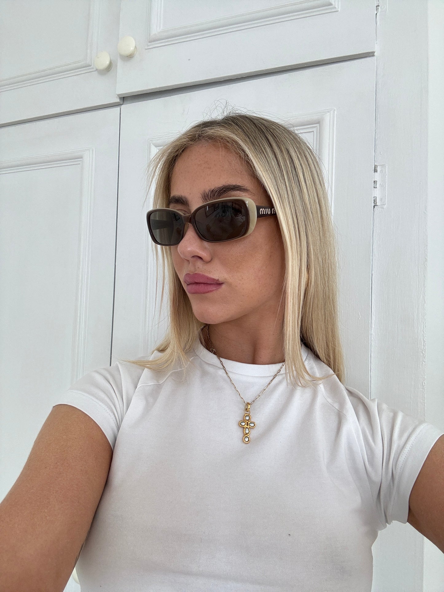 Vintage Miu Miu Contrast Brown Diamanté Sunglasses | O/S, Beige