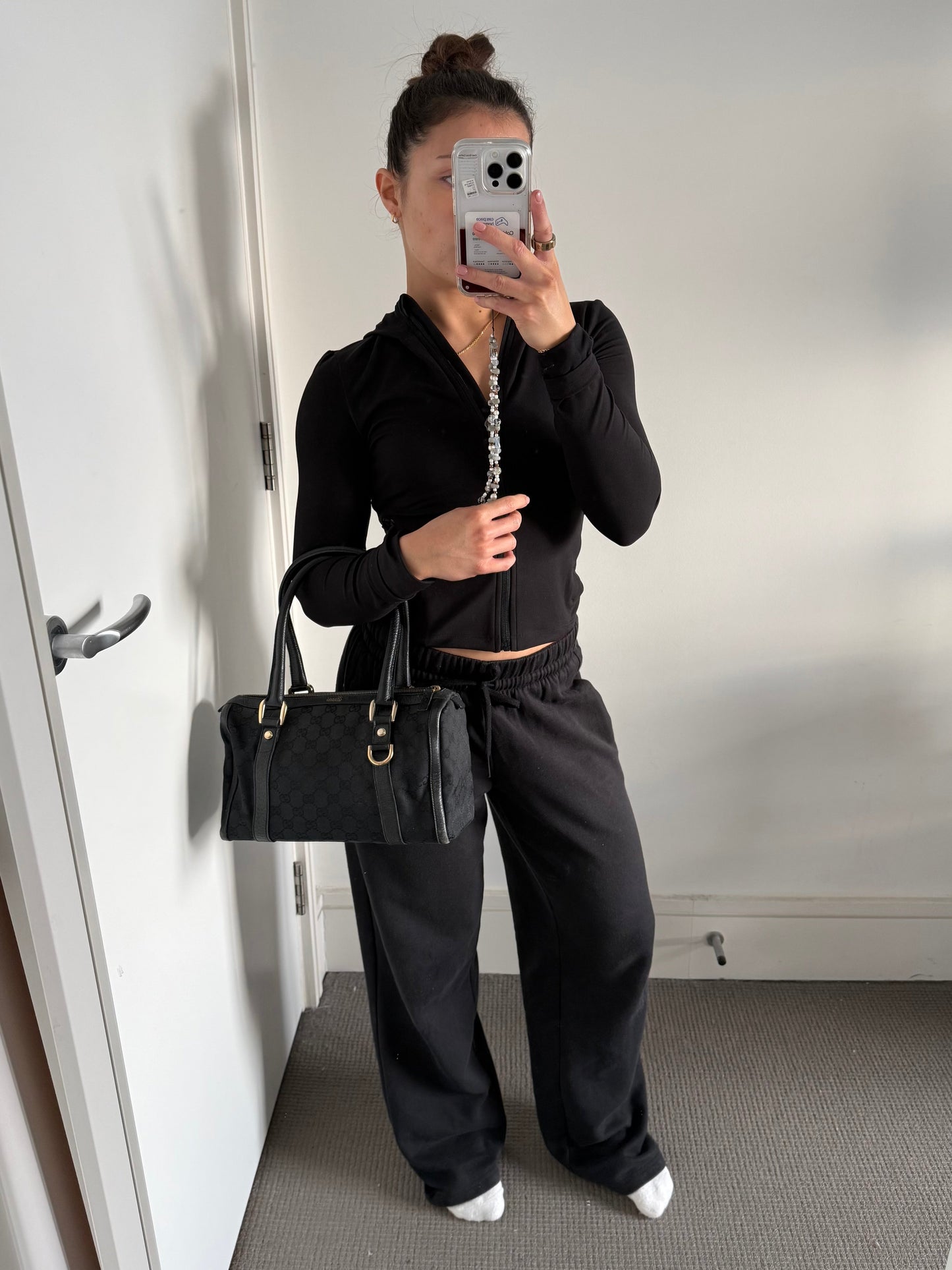 Vintage 90s Gucci Black Monogram Boston Handbag | O/S, Black