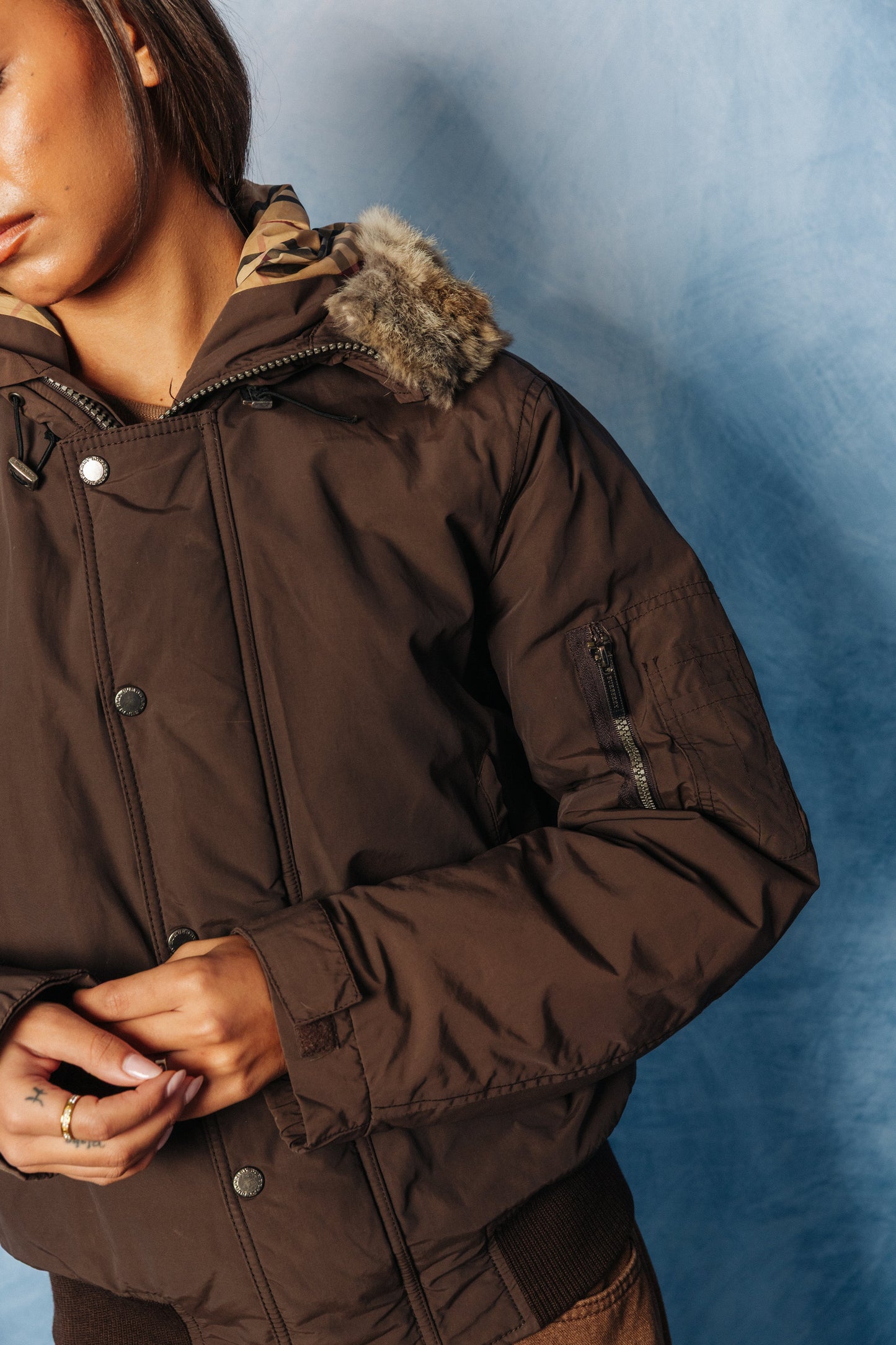 Burberry Fur Trim 2-NB Brown Military Bomber Jacket