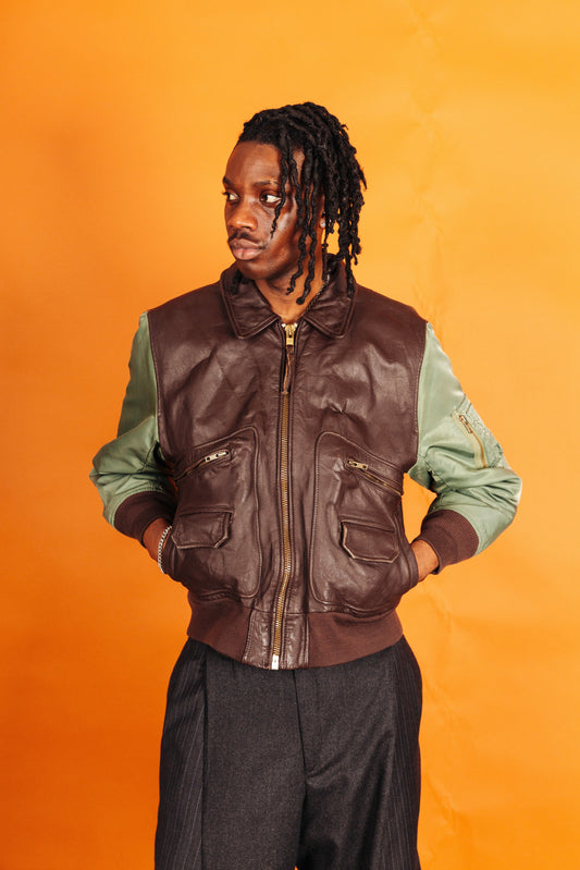 F-17 Type Nylon Sleeve Leather Bomber Jacket