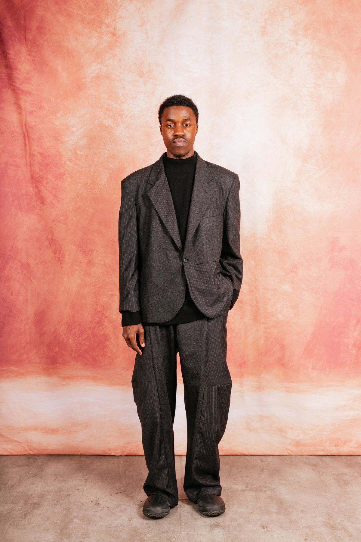 VT Rework: Oversized Wool Felt Pinstripe Patch Suit Trousers | Medium, Charcoal