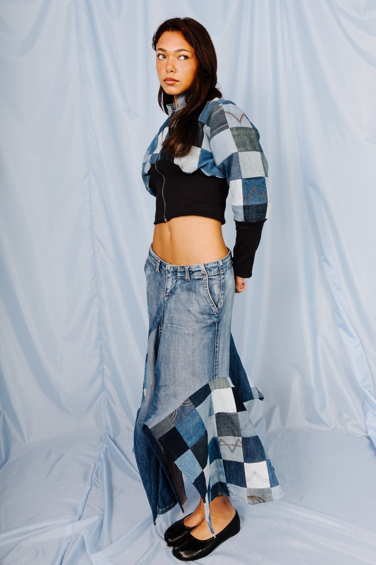 VT Rework: Patchwork Denim Pleated Midi Skirt | Medium, Multicoloured