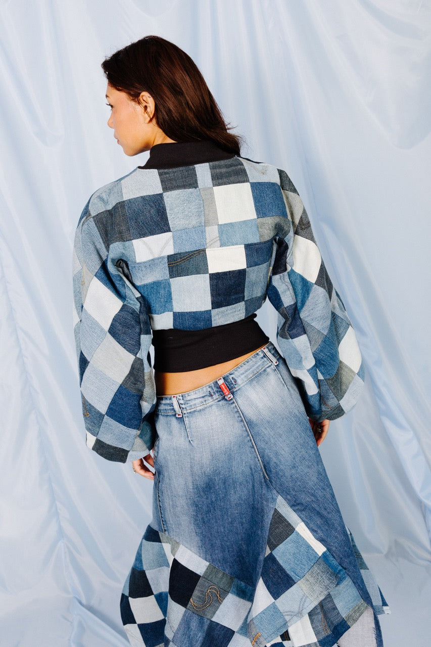 VT Rework: Cropped Denim Oversized Sleeve Patchwork Bomber Jacket | Medium, Multicoloured