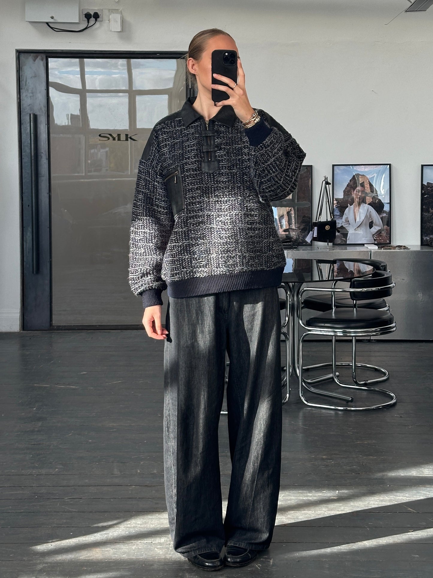 Vintage 1990s Textured Knitted Polo Jumper - L/XL