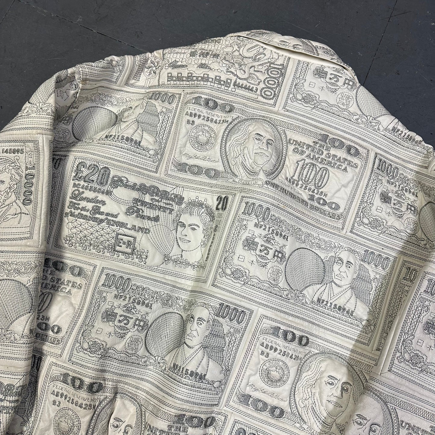 ARCHIVE Ziptex New York World Currency Leather Jacket In White ( XL )