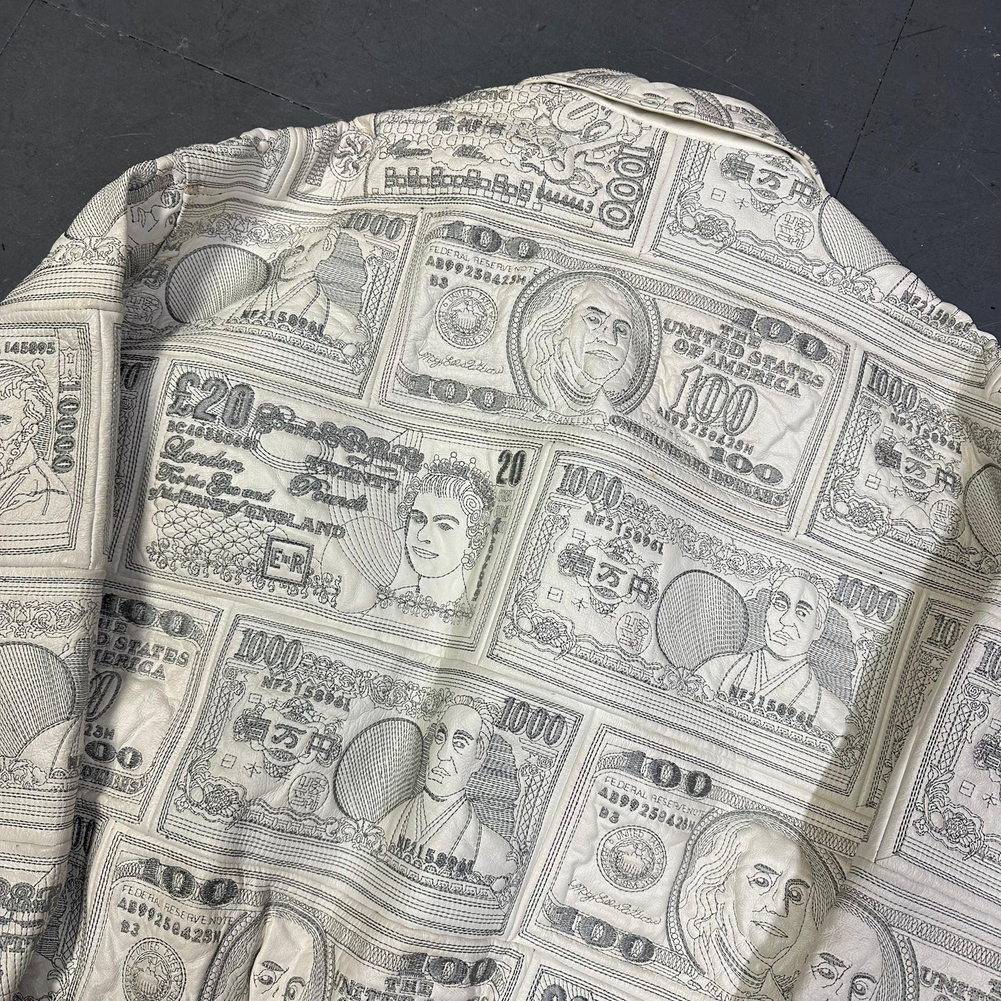 ARCHIVE Ziptex New York World Currency Leather Jacket In White (XL) | XL, Sage
