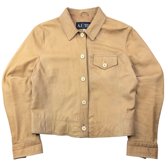 Vintage 2000s Armani Jeans Button Up Leather Jacket Womens Size M | Medium, Beige