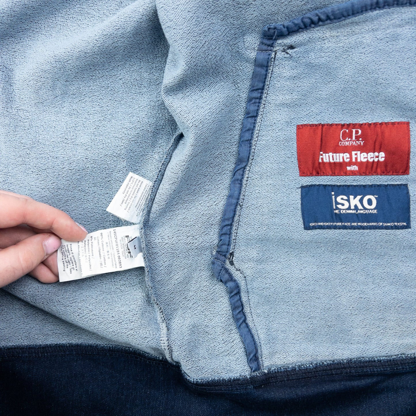 2014 CP Company Goggle Hood Future Fleece Isko Denim Jacket Size M | Medium, Navy