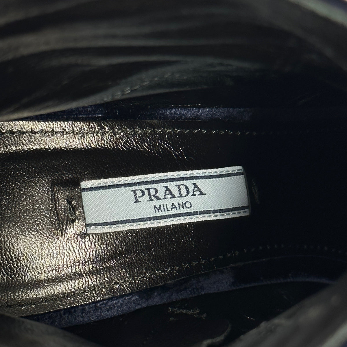 Prada Milano Floral Heel Blue Velvet Boots - UK7 | Navy