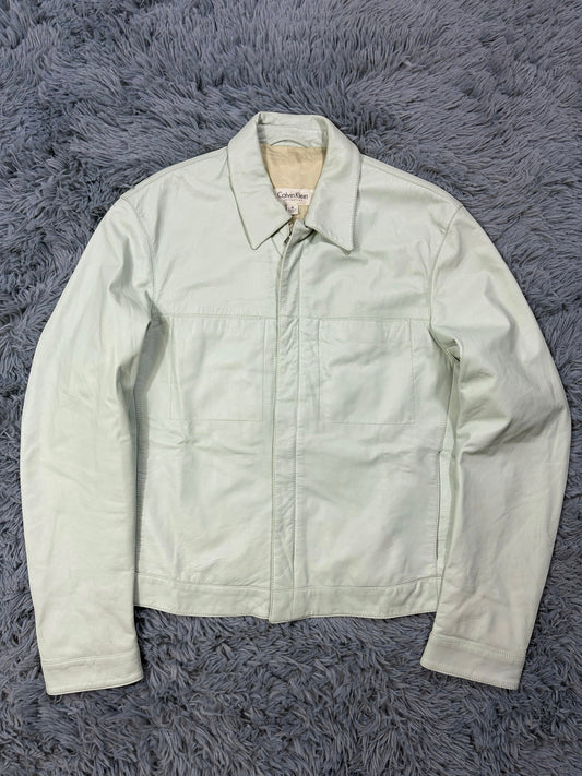 Calvin Klein Collection 00’s Mint Green Leather Fitted Trucker Jacket - M | O/S, Green