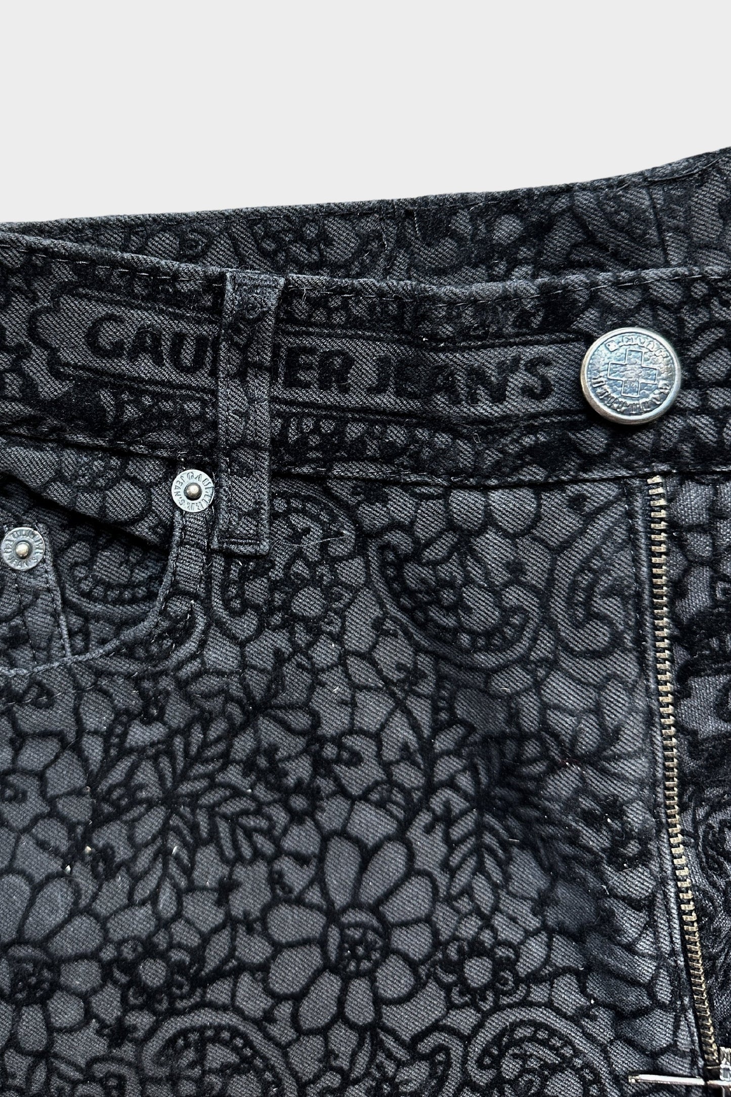 Jean Paul Gaultier 1990s Black Velvet Flocked Denim Jeans