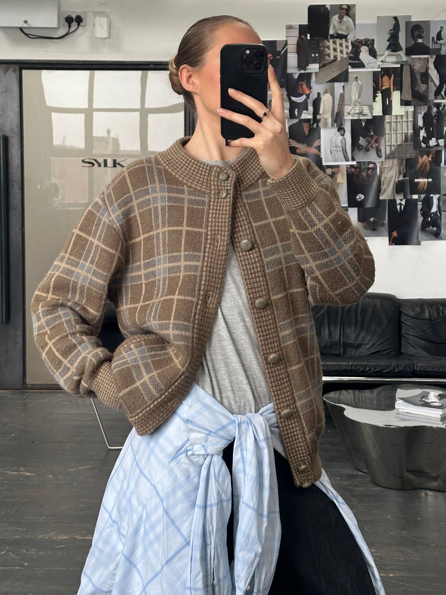 Italian Vintage 1990s Wool Check Cardigan - XL
