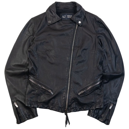 Vintage Armani Jeans Zip Up Leather Jacket Womens Size M | Medium, Black