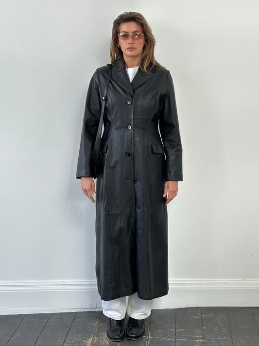 Vintage 1980s Leather Floor Length Leather Trench Coat - M