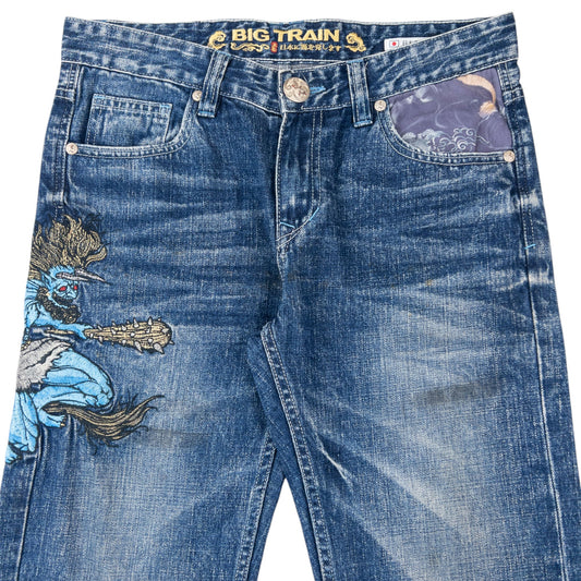 Vintage Big Train Embroidered Patchwork Japanese Denim Jeans Size W32 | W32, Blue