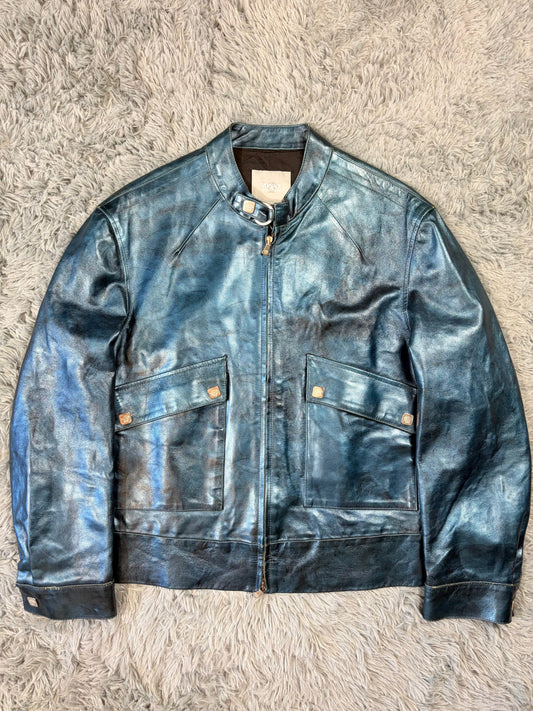 Versace VJC 00’s Blue Leather Metallic Rockstar Jacket - L | O/S, Multicoloured