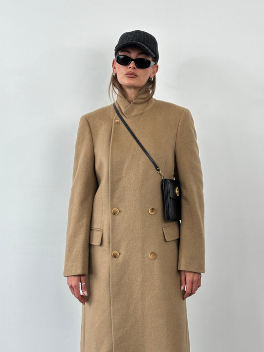 Vintage 1990s Wool Double Breasted High Neck Coat - L