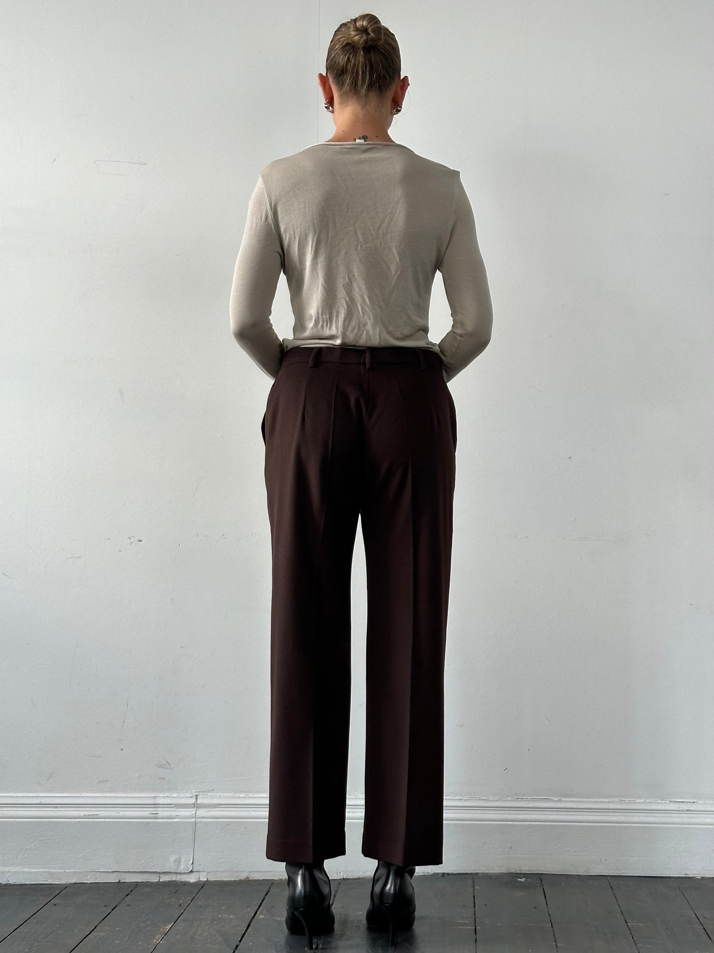 Max Mara brushed wool straight leg trousers in W31, shown in a neutral color, featuring a tailored fit and classic style.