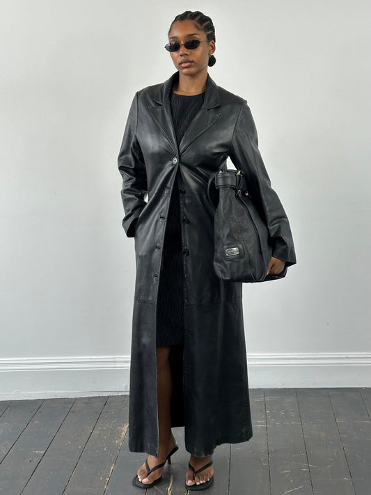 Vintage 1990s Floor Length Leather Trench Coat - S/M