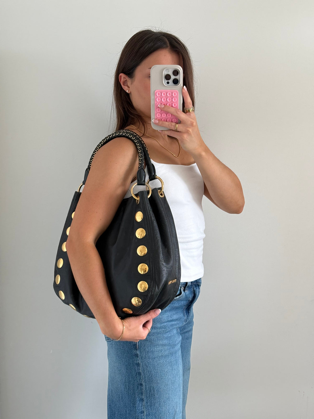2010s Miu Miu Black Leather Studded Bucket Bag | O/S, Multicoloured