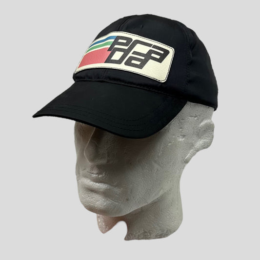 Prada Milano 2017 Saffiano Leather Race Logo Nylon Cap - M/L | O/S, Black