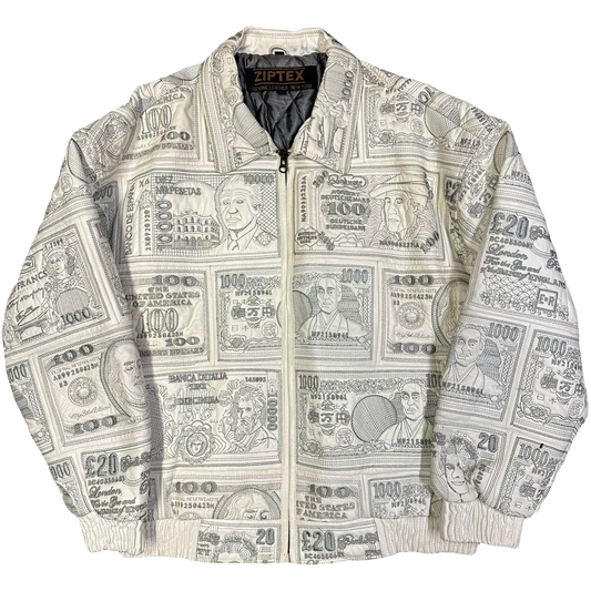 ARCHIVE Ziptex New York World Currency Leather Jacket In White ( XL )