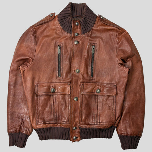 Gucci 2006 Madonna Cognac Leather Crest Button Bomber Jacket - L | Default Title, Brown