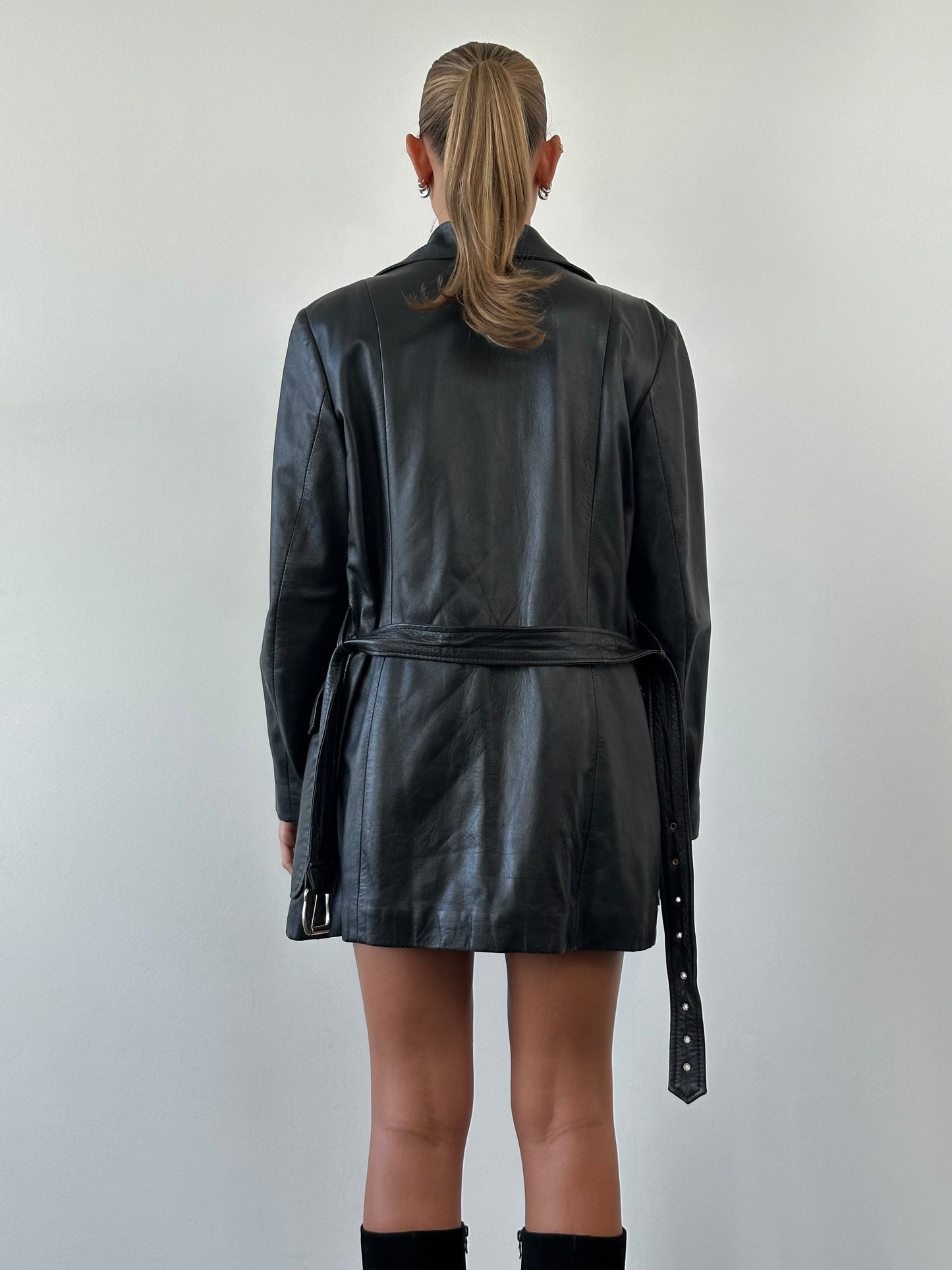 Vintage Double Breasted Belted Smooth Leather Jacket - L/XL