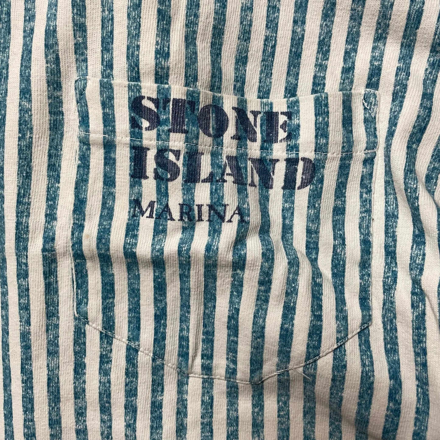 S/S 1984 Aqua Blue & White Vertical Stripe Pocket Spell out T-shirt