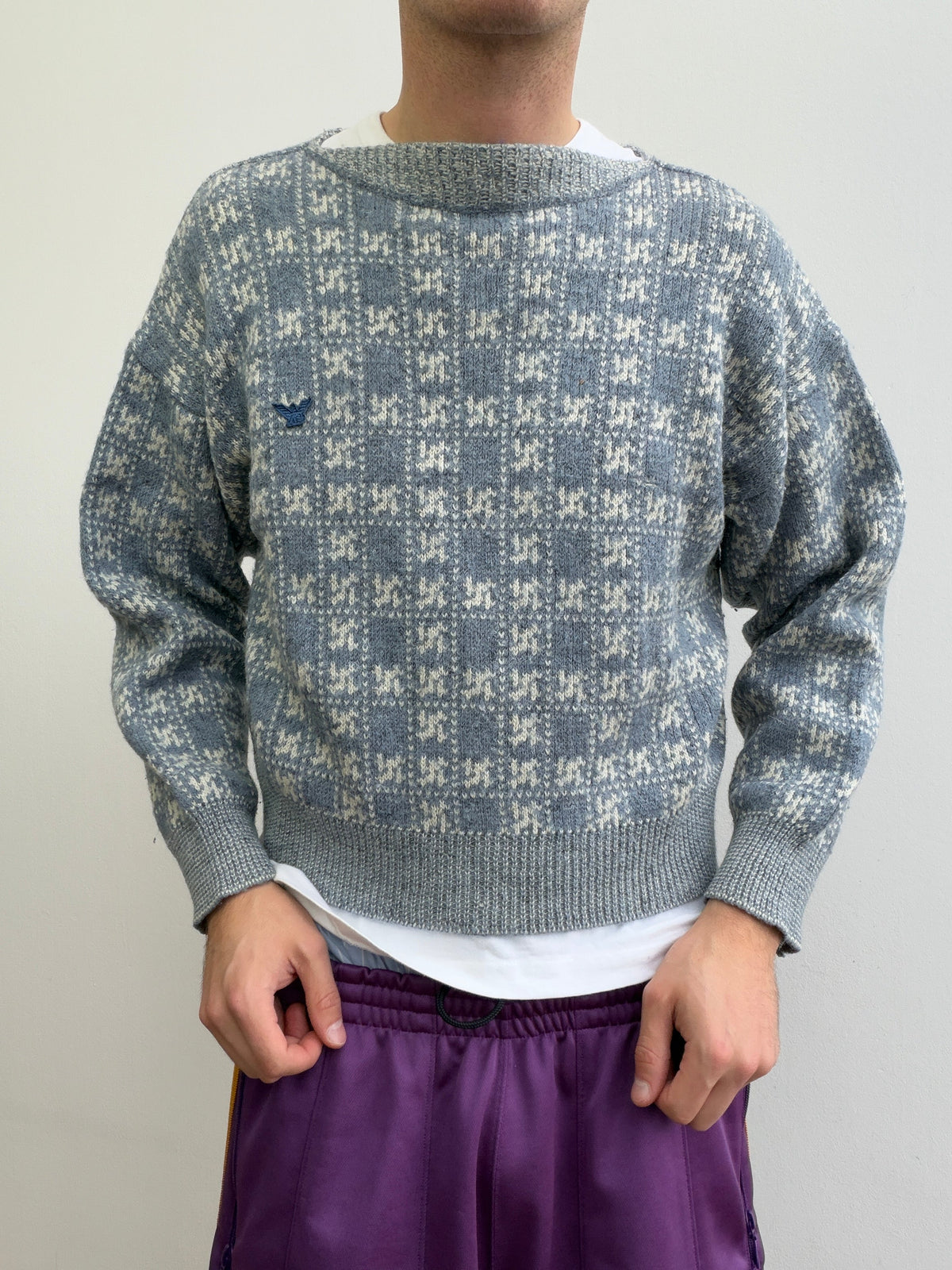 Emporio Armani 80s Grid Knit Jumper | Small, Light Blue
