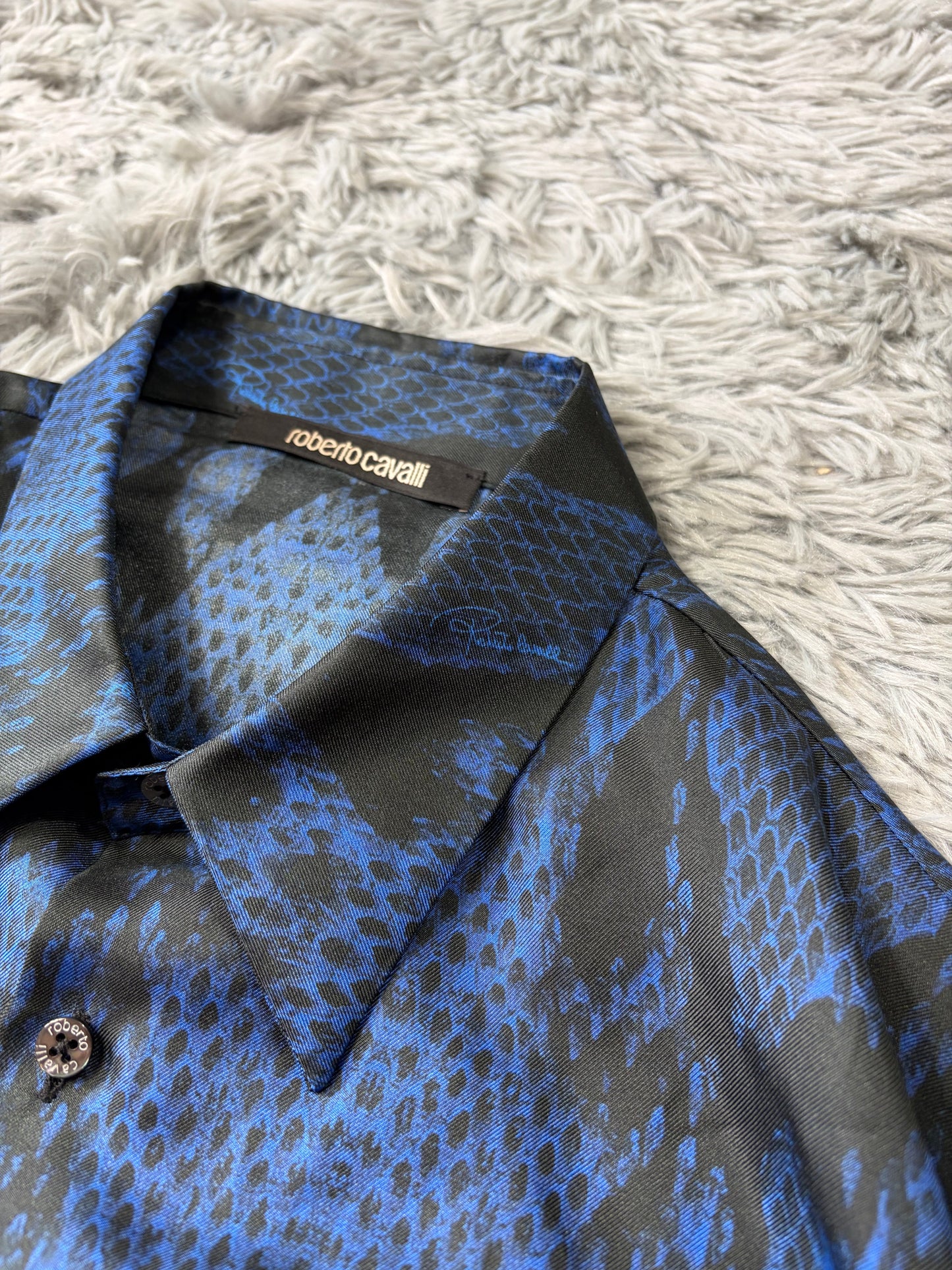 Roberto Cavalli 2023 Silk Python Print Blue Shirt - L | O/S, Black
