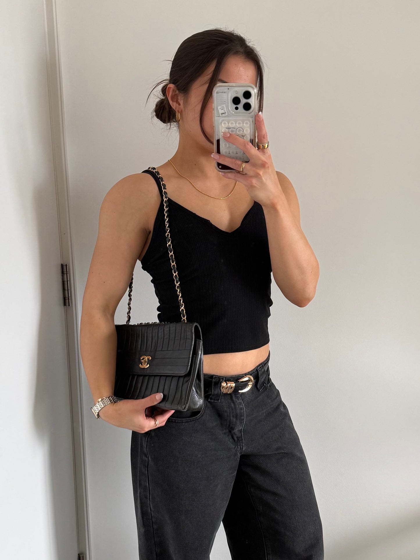 1980s Chanel Single Flap Horizontal Lambskin Leather Bag GHW Vintage | O/S, Black