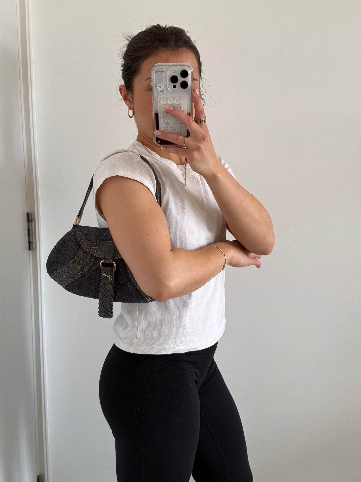Vintage 90s Fendi Mini Denim Spy Pouch Shoulder Bag | O/S, Gold