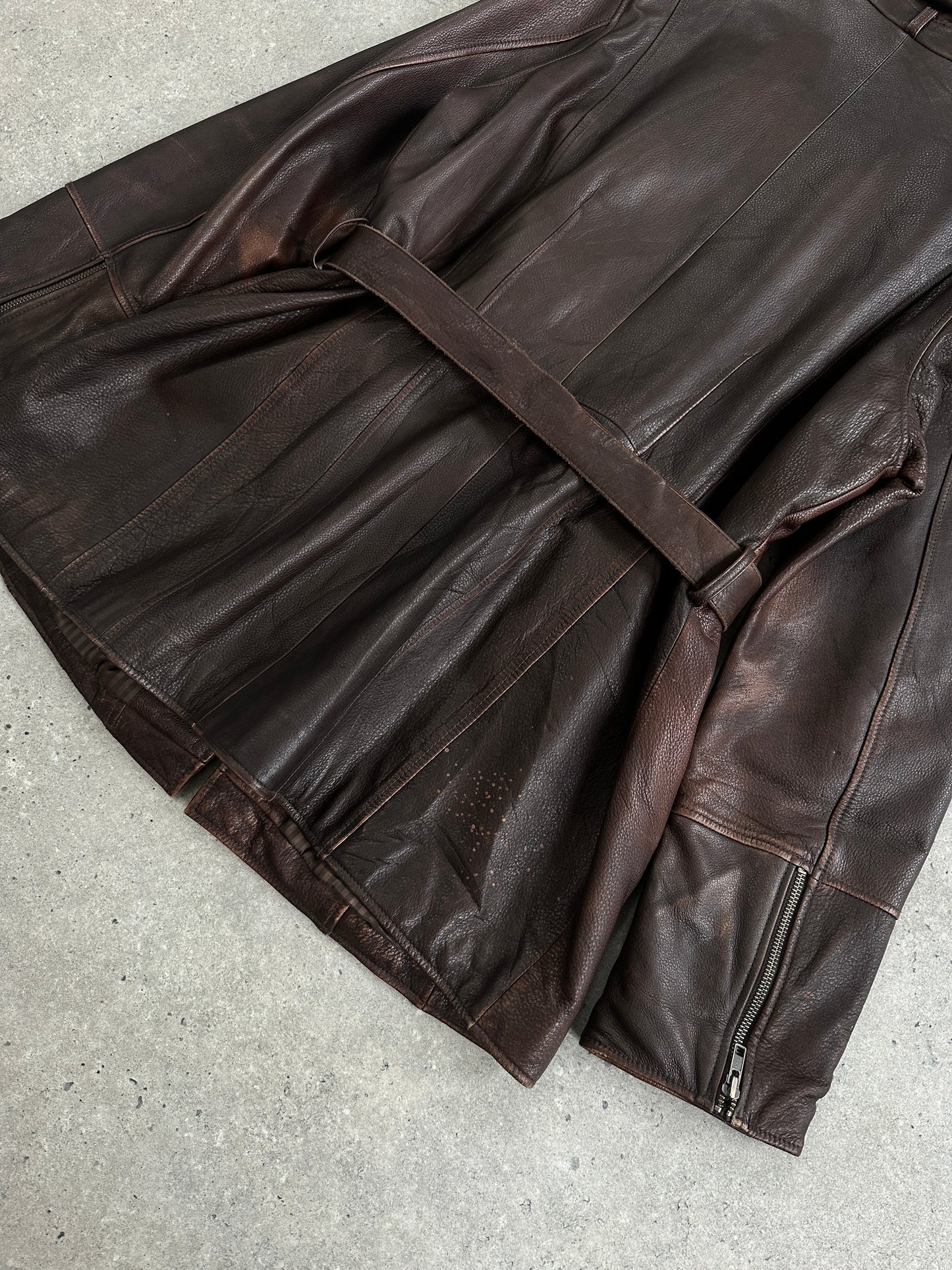 Vintage 1990s Aged Double Zip Belted Leather Jacket - L