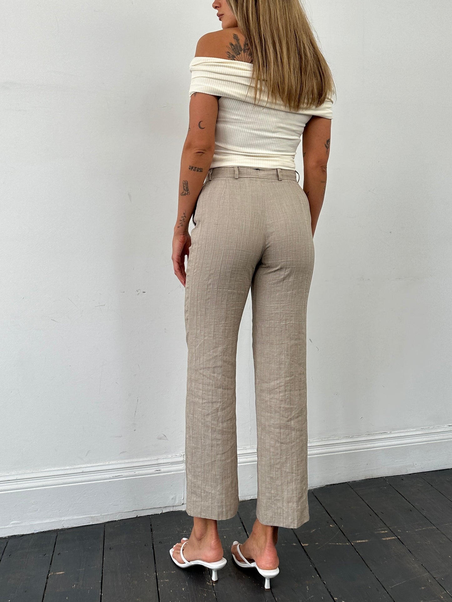 Armani Collezioni Cotton Linen Stripe Mid Rise Straight Leg Trousers - W26