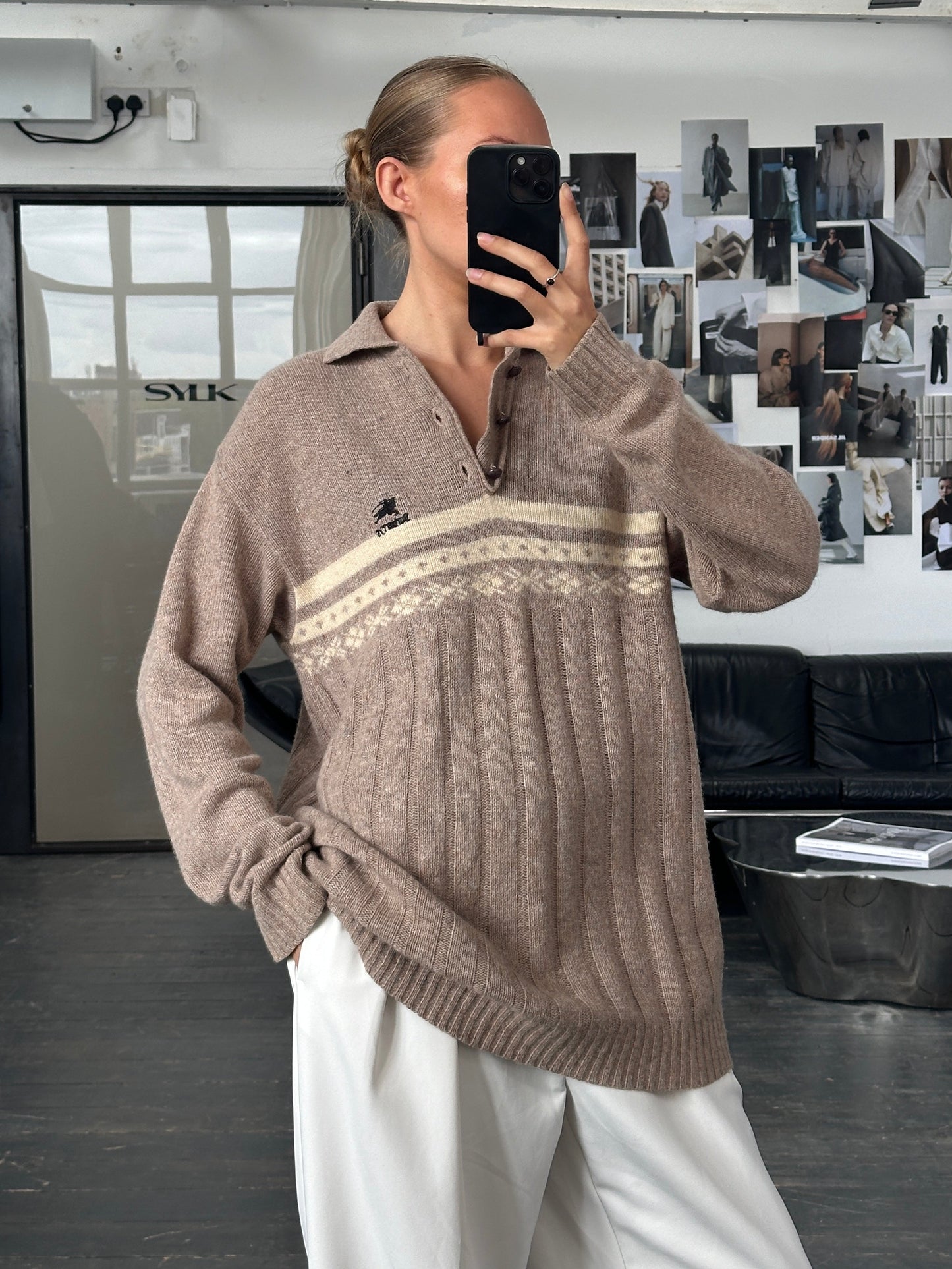 Burberry 1990s Wool Fair Isle Logo Polo Jumper - XL