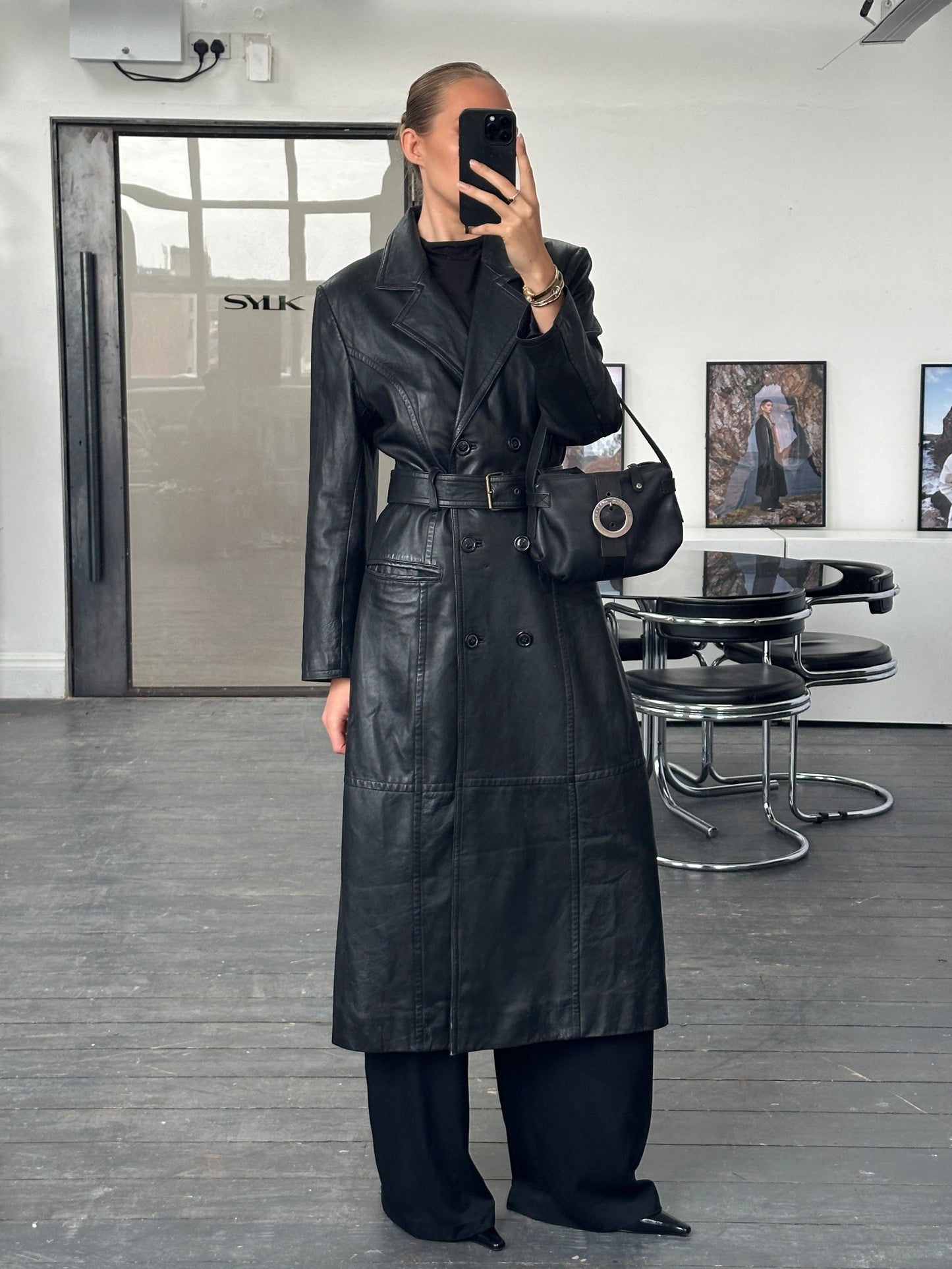 Vintage 1990s Floor Length Belted Leather Trench Coat - M