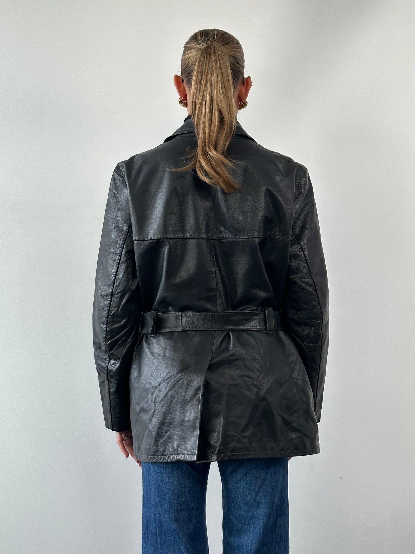 Vintage Belted Leather Jacket - XL