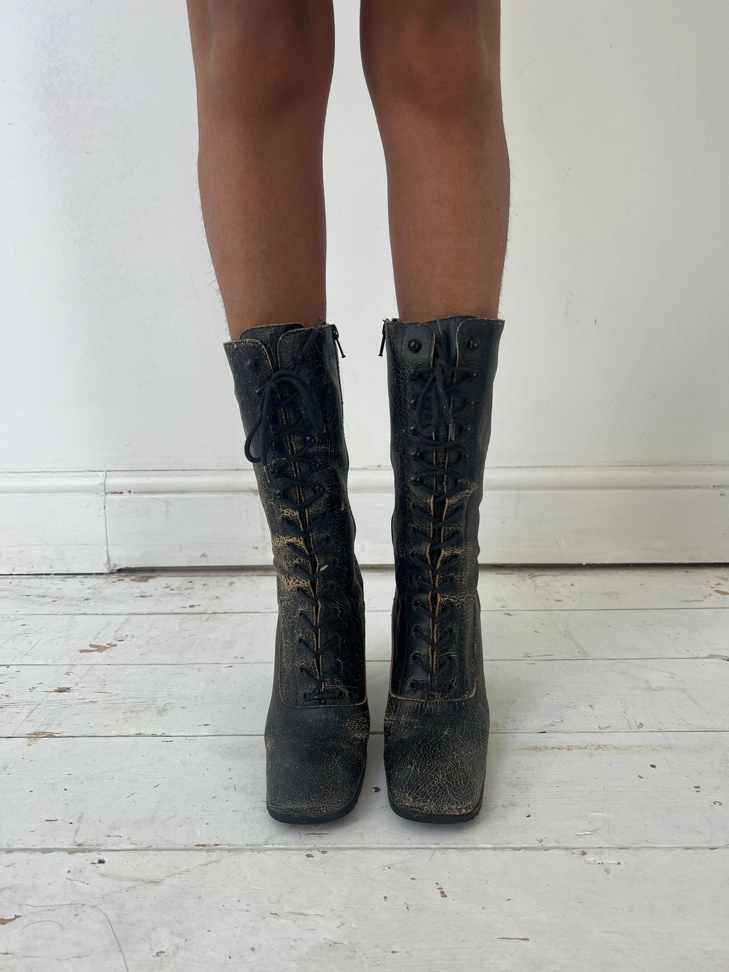 MIU MIU CRACKED LEATHER BOOTS | DEFAULT TITLE, Black