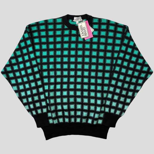 Gianni Versace 1991 Gradient Grid Graphic Knitted Wool Jumper - M/L | O/S, Black