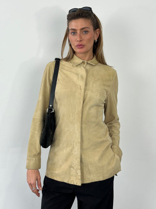 Marella 1990s suede minimal shirt in tan, featuring a classic collar and long sleeves, laid flat for display.