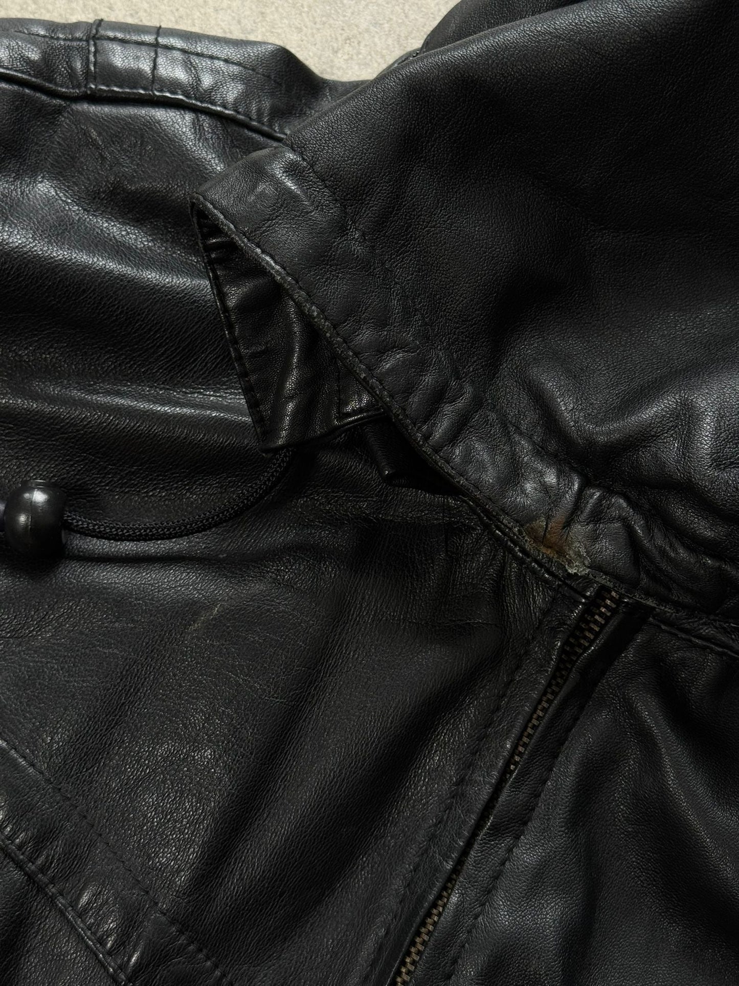 Vintage 1990s Leather Funnel Neck Hooded Bomber Jacket – S