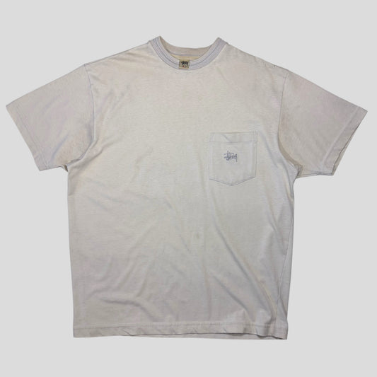 Stussy 90’s Cream Heavy Tom Tom White Tag Pocket Logo T-shirt - L/XL | O/S, Multicoloured