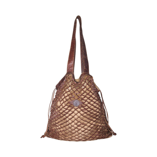 1990's Fendi Leather Fishnet Woven Flax Beach Bag | O/S, Brown
